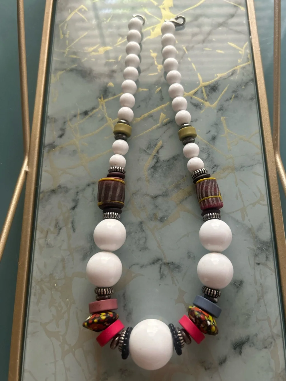 Vintage Statement Beaded Necklace White Beads Artisan Boho Chunky 19” Multicolor